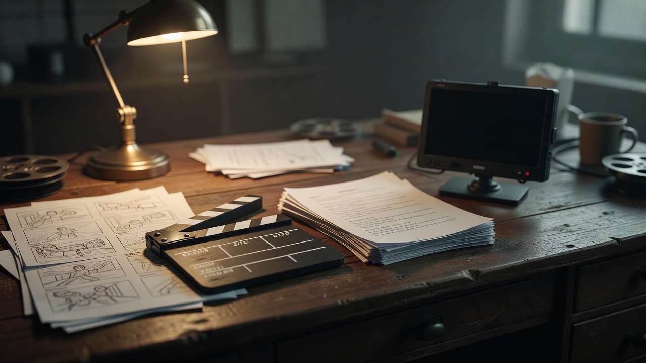 导演工作台上的分镜手稿、场记板与打印剧本并排摆放的实景照片